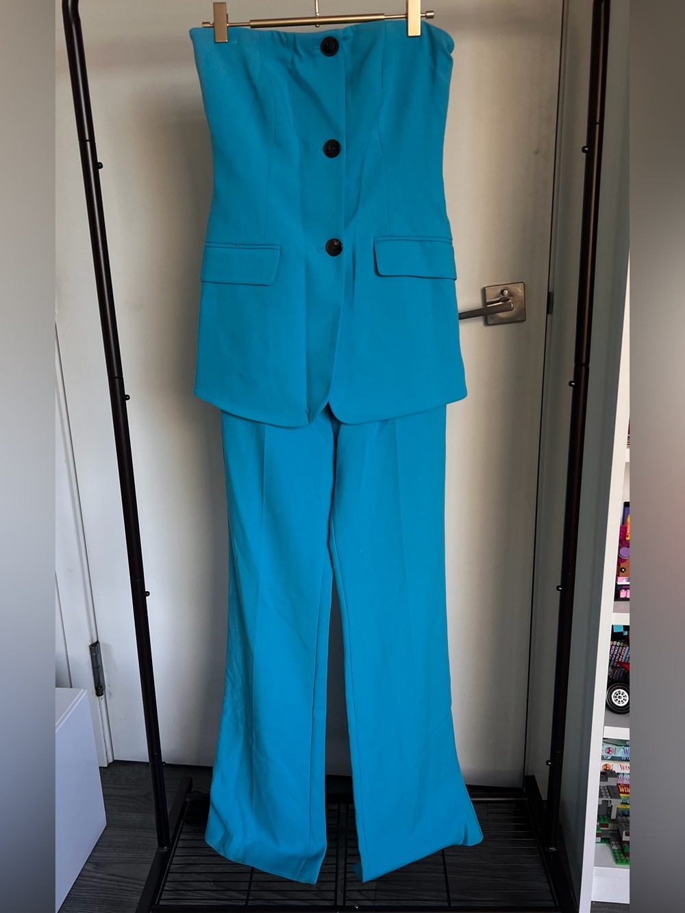 Karen Millen Strapless Wide-Leg Suit in Turquoise